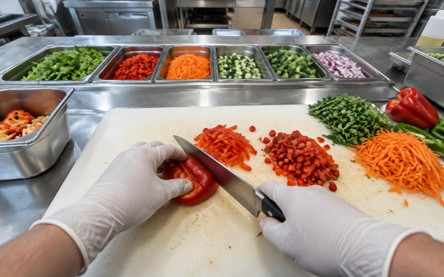 Hands slicing vegetables in a commercial kitchen