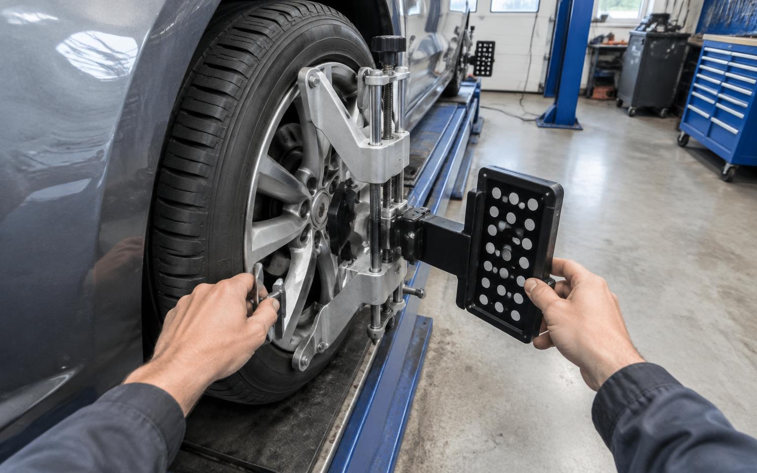 Technician adjusting equipment on a vehicle wheel
