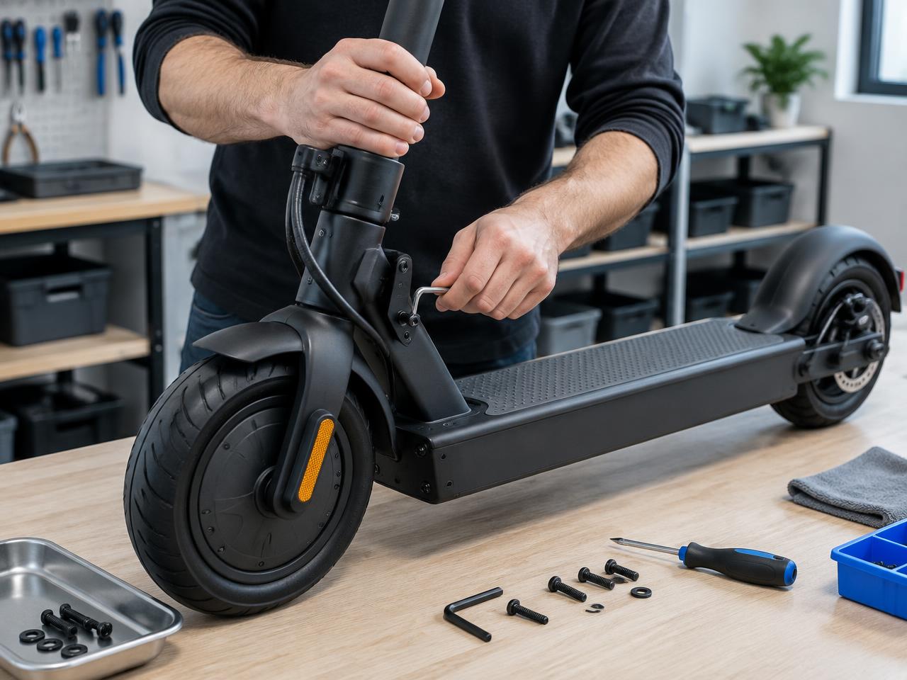 Technician assembling an electric scooter