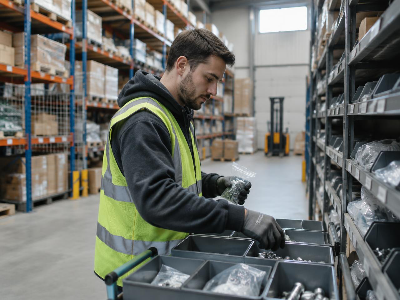 Worker sorting components in a warehouse